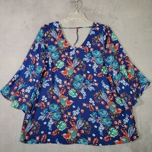 Moa Moa Top Womans 1X Blue Floral Bird‎ Bell Sleeve Tie Back Boho Chic Cottage